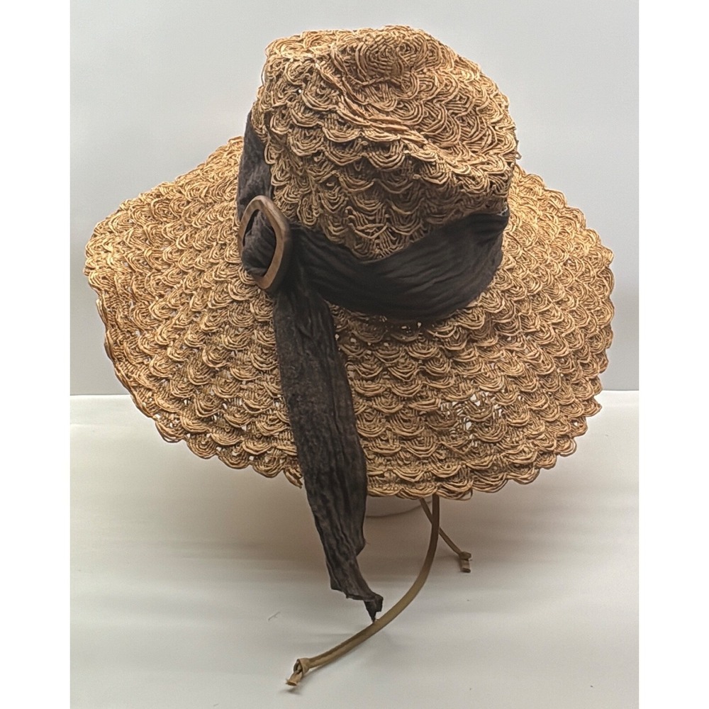 Wallaroo Hat Company Emma Tan Scalloped Crochet Paper Straw Sun Hat Brown Band